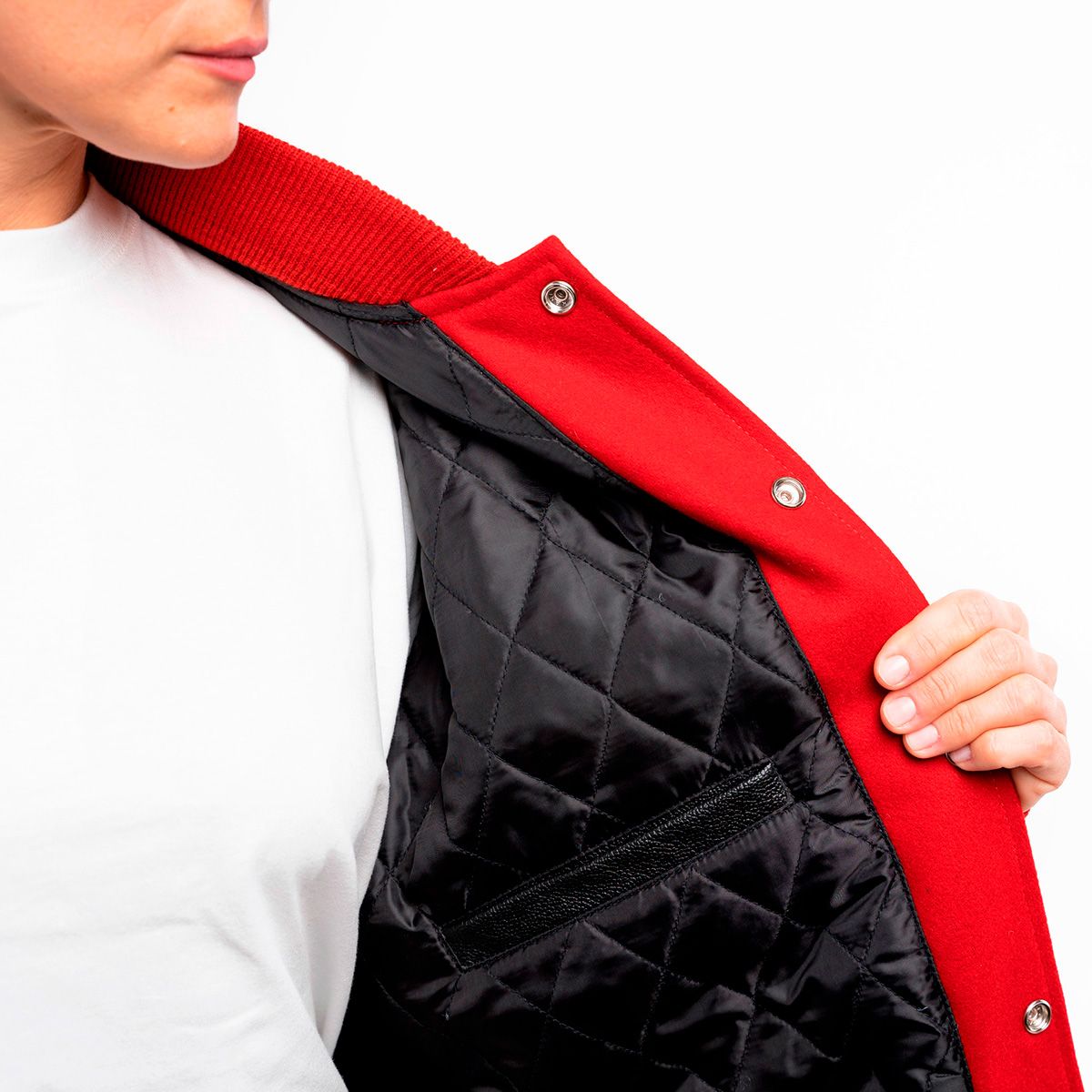 Fiery Fusion: Scarlet Wool and Black Leather Letterman Coat