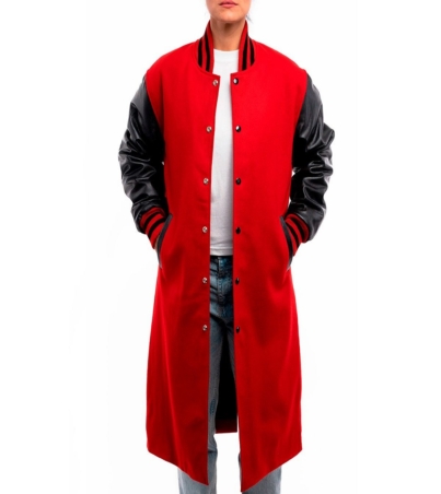 Fiery Fusion: Scarlet Wool and Black Leather Letterman Coat