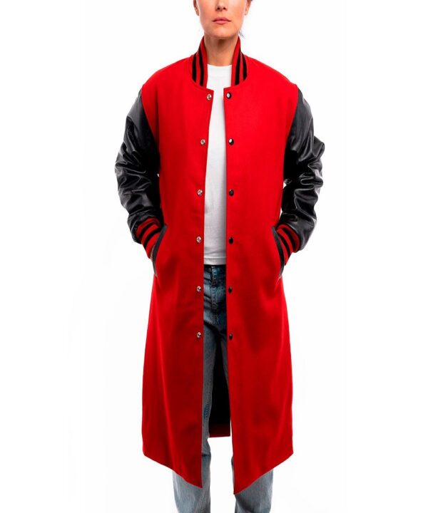 Fiery Fusion: Scarlet Wool and Black Leather Letterman Coat