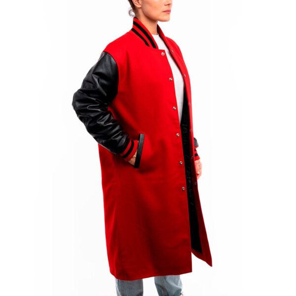 Fiery Fusion: Scarlet Wool and Black Leather Letterman Coat