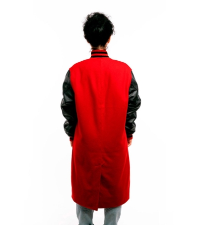 Fiery Fusion: Scarlet Wool and Black Leather Letterman Coat