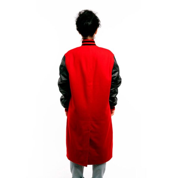 Fiery Fusion: Scarlet Wool and Black Leather Letterman Coat