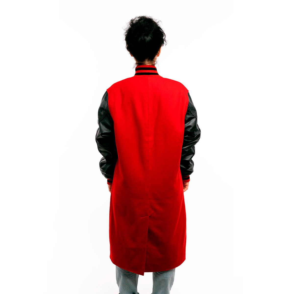 Fiery Fusion: Scarlet Wool and Black Leather Letterman Coat