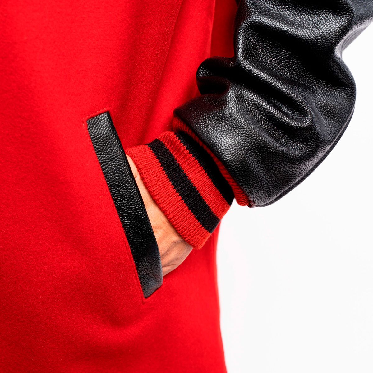 Fiery Fusion: Scarlet Wool and Black Leather Letterman Coat