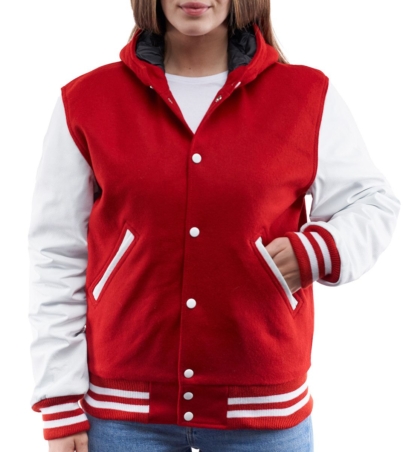 Bold Scarlet & Crisp White Hooded Letterman Jacket