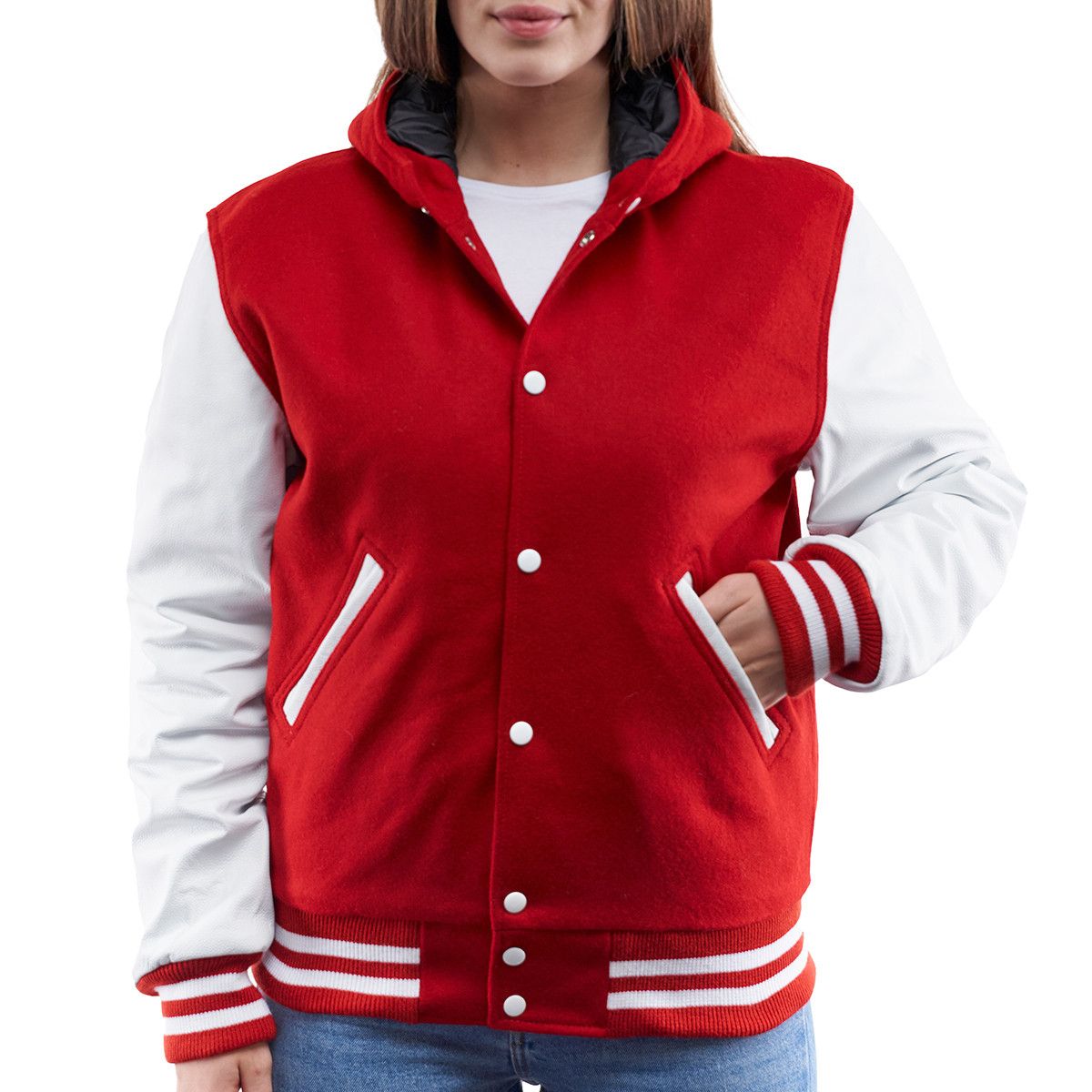 Bold Scarlet & Crisp White Hooded Letterman Jacket