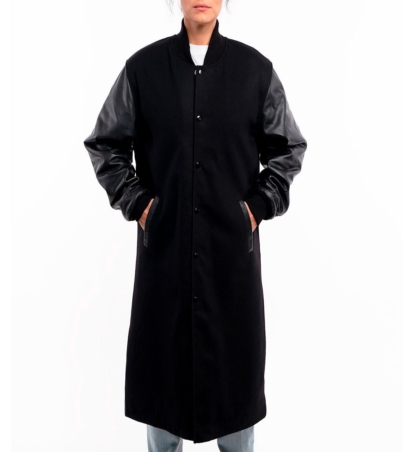 Midnight Monarch: Letterman Coat in Black Wool and Leather