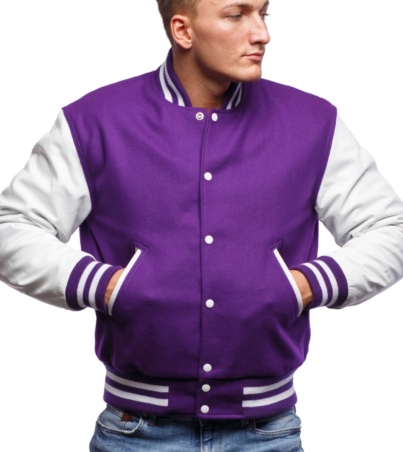 Men's Purple Wool & White Leather Varsity Jacket