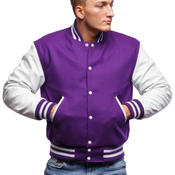 Men's Purple Wool & White Leather Varsity Jacket