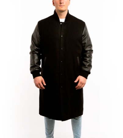 Luxury Varsity Jacket Black Wool Body Leather Sleeves