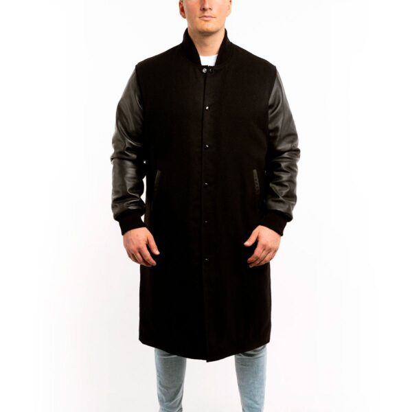 Luxury Varsity Jacket Black Wool Body Leather Sleeves