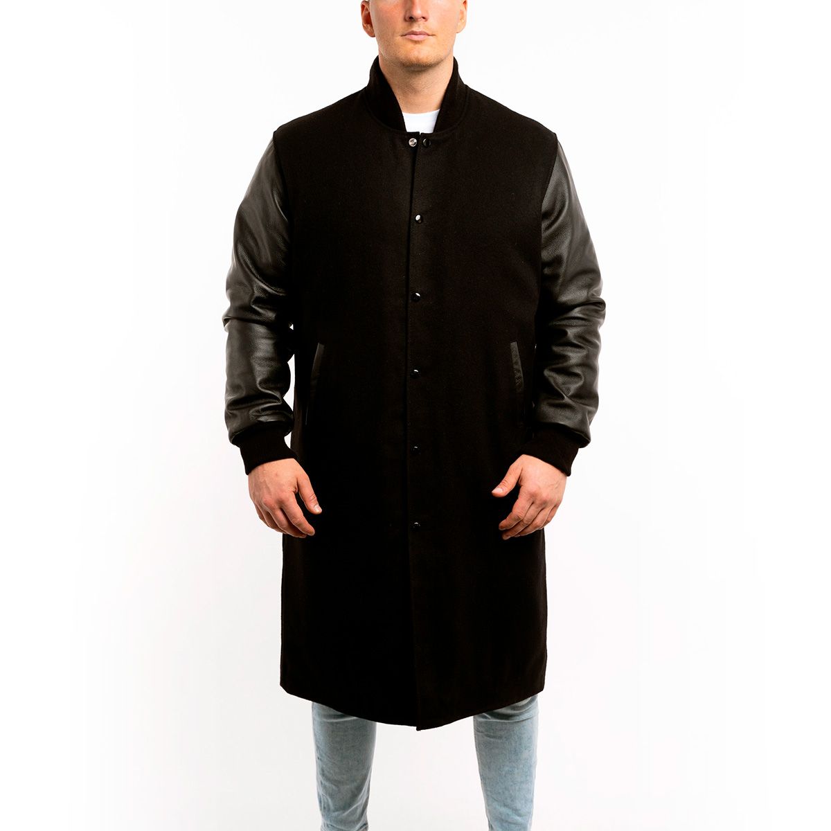 Luxury Varsity Jacket Black Wool Body Leather Sleeves