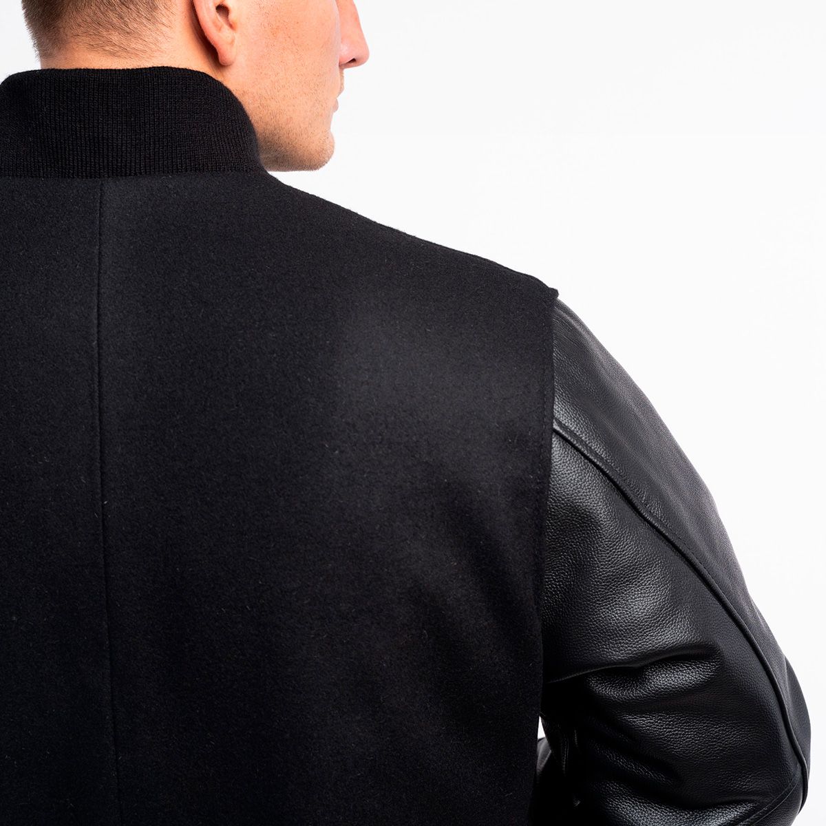 Luxury Varsity Jacket Black Wool Body Leather Sleeves