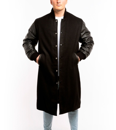 Luxury Varsity Jacket Black Wool Body Leather Sleeves