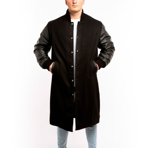 Luxury Varsity Jacket Black Wool Body Leather Sleeves