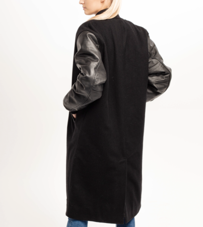 Shadowed Sophistication: Black Wool and Leather Letterman Coat