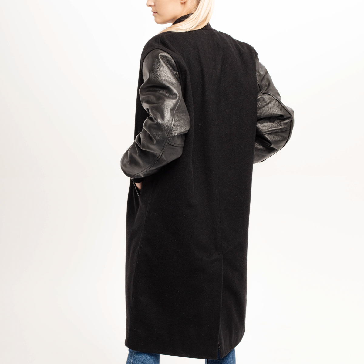 Shadowed Sophistication: Black Wool and Leather Letterman Coat