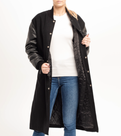 Shadowed Sophistication: Black Wool and Leather Letterman Coat