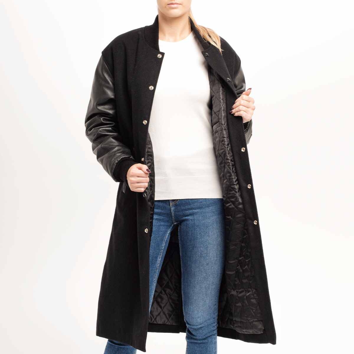 Shadowed Sophistication: Black Wool and Leather Letterman Coat