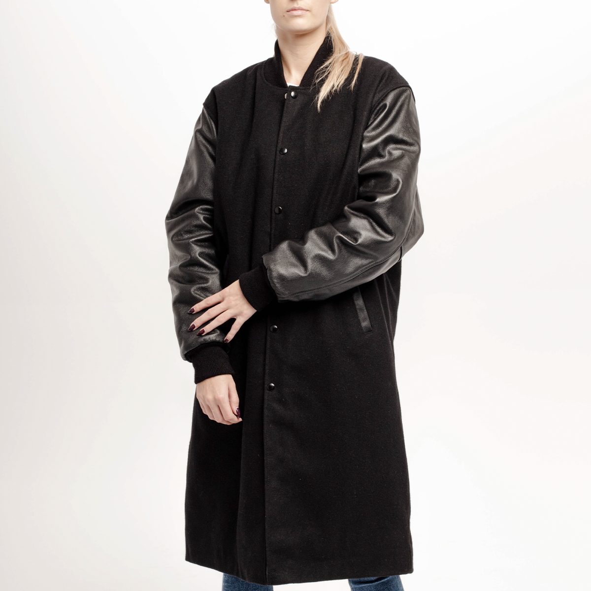 Shadowed Sophistication: Black Wool and Leather Letterman Coat