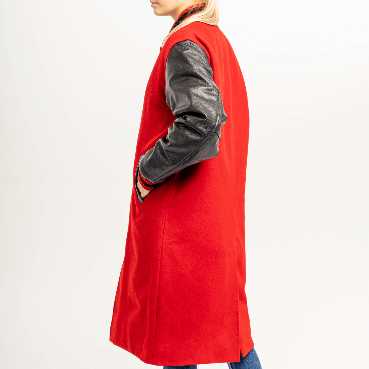 Crimson Blaze: Wool and Leather Letterman Coat