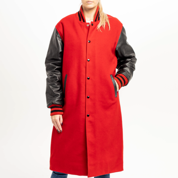 Crimson Blaze: Wool and Leather Letterman Coat