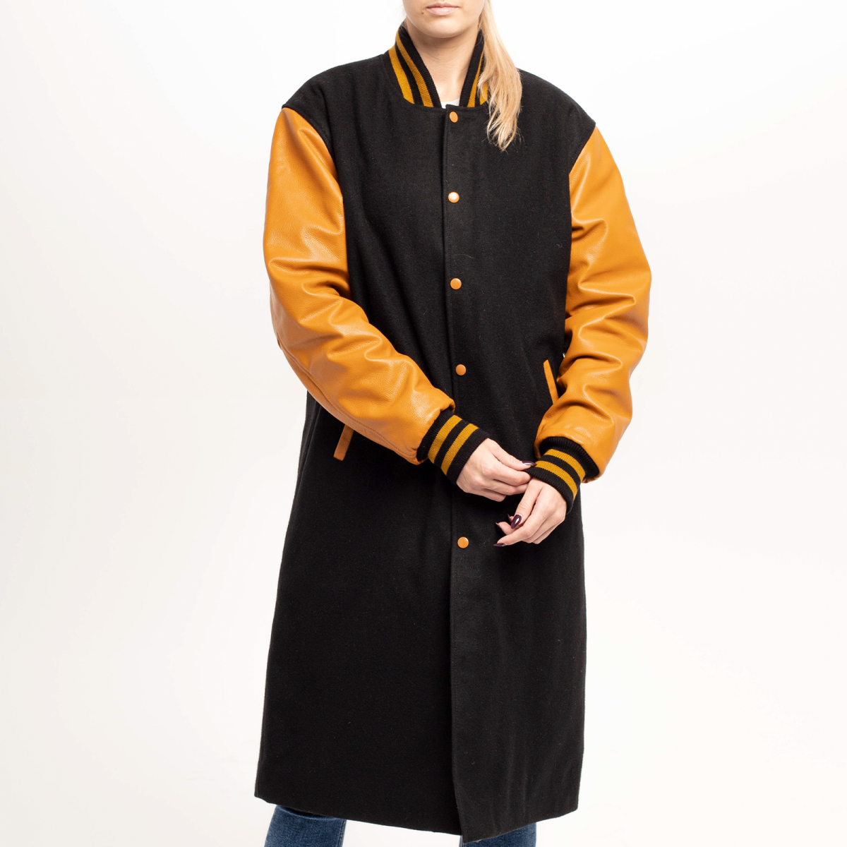 Vintage Glamour: Black Wool and Old Gold Letterman coat