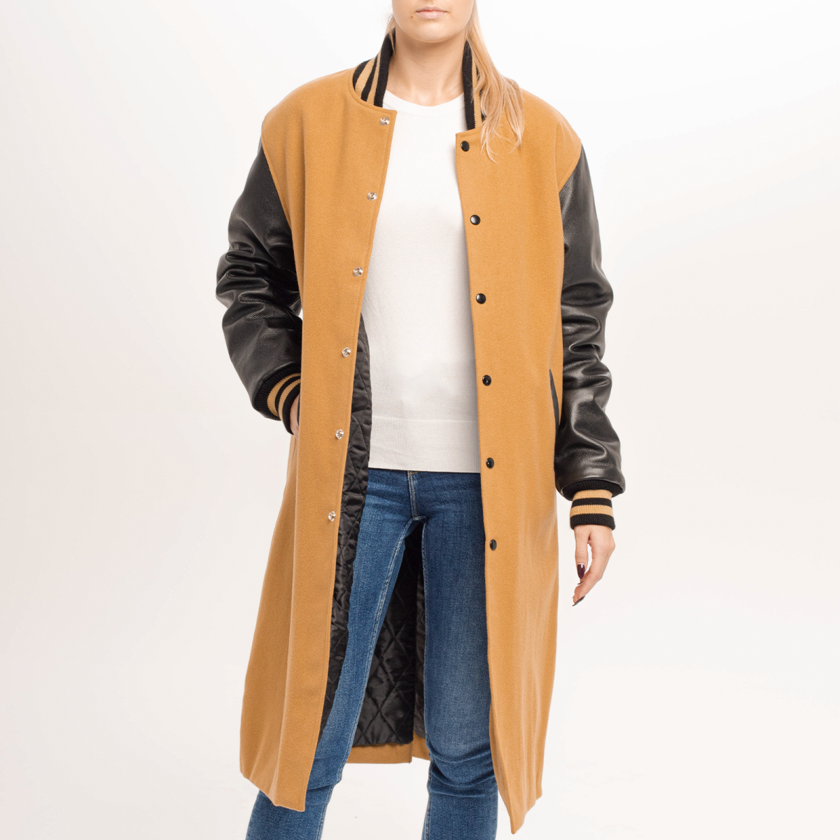 Contrast Classic Camel and Black Letterman Coat