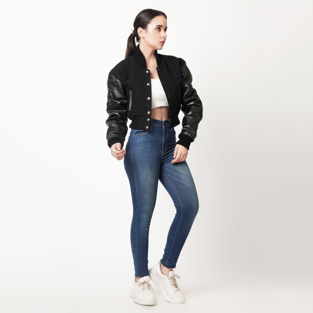 Women's Black Wool and Black Leather Letterman Crop Top Jacket