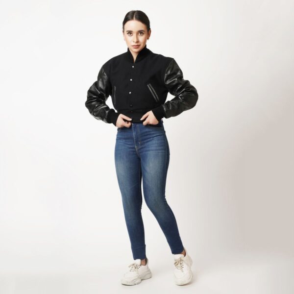 Women's Black Wool and Black Leather Letterman Crop Top Jacket