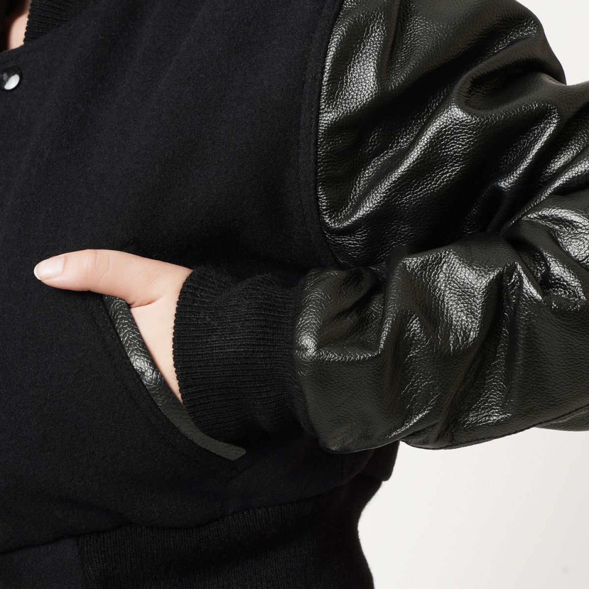 Women's Black Wool and Black Leather Letterman Crop Top Jacket