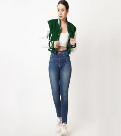 Fresh Green and Crisp White Cropped Varsity Jacket