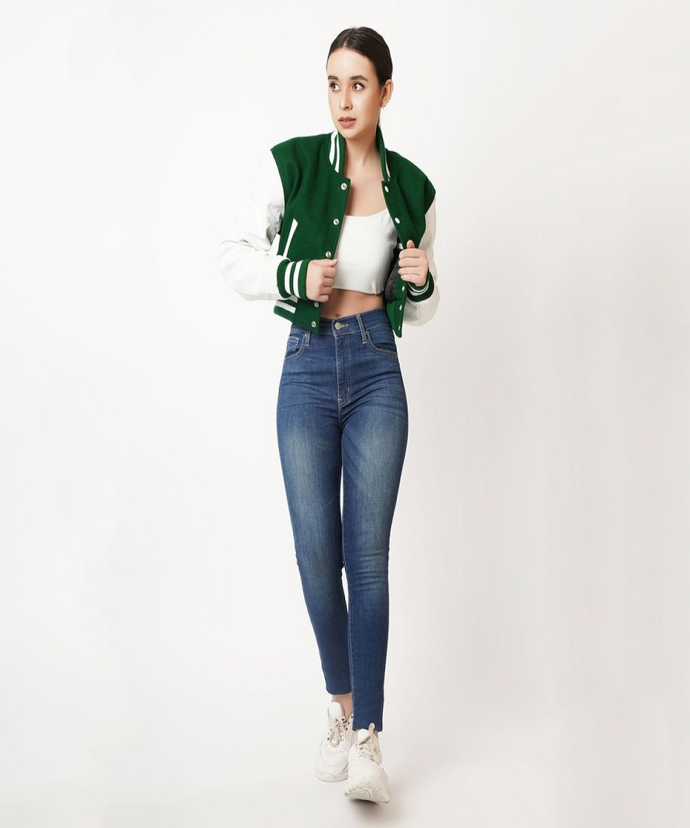 Fresh Green and Crisp White Cropped Varsity Jacket