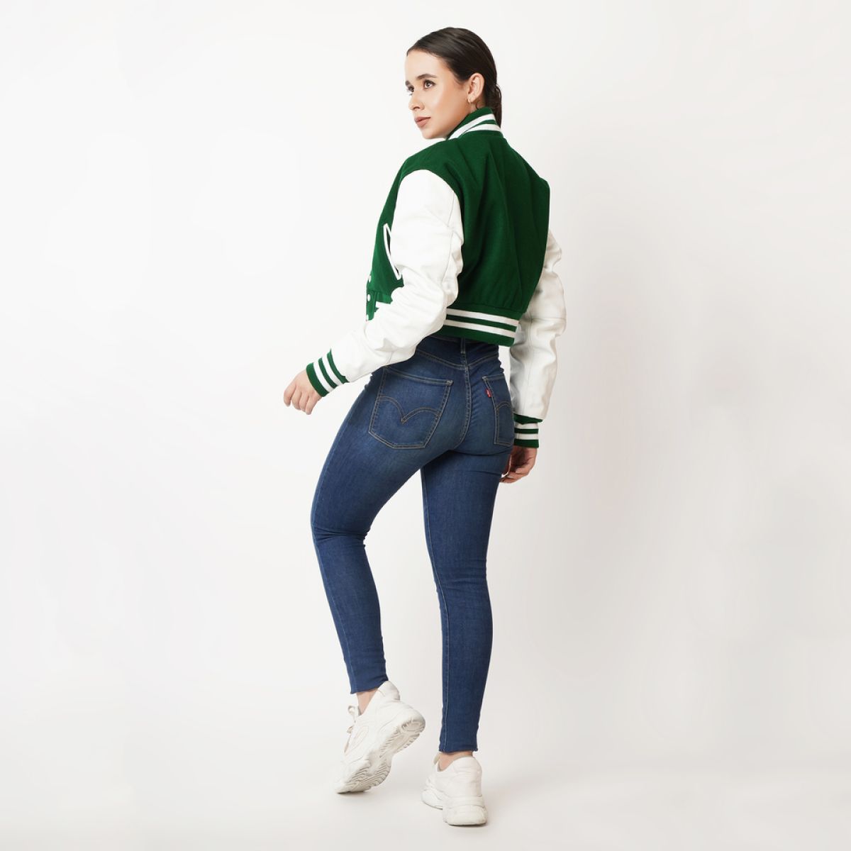 Fresh Green and Crisp White Cropped Varsity Jacket