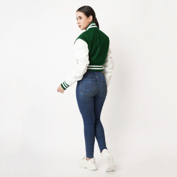 Fresh Green and Crisp White Cropped Varsity Jacket