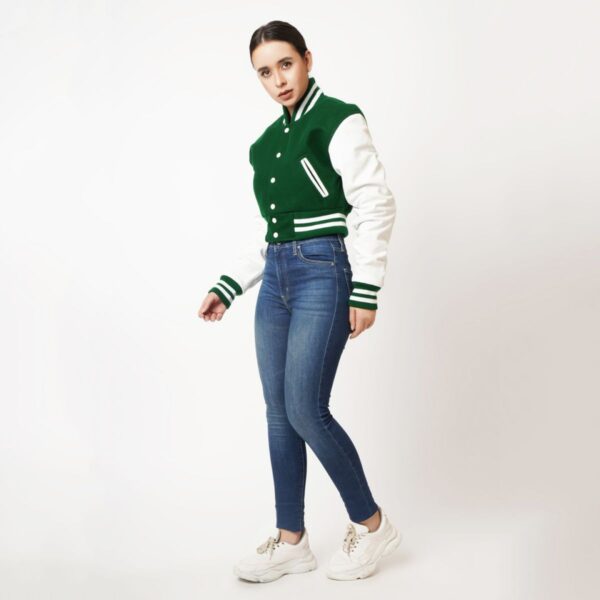 Fresh Green and Crisp White Cropped Varsity Jacket