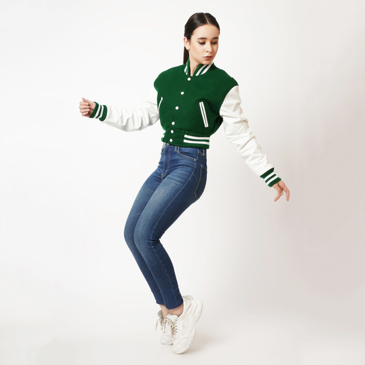 Fresh Green and Crisp White Cropped Varsity Jacket