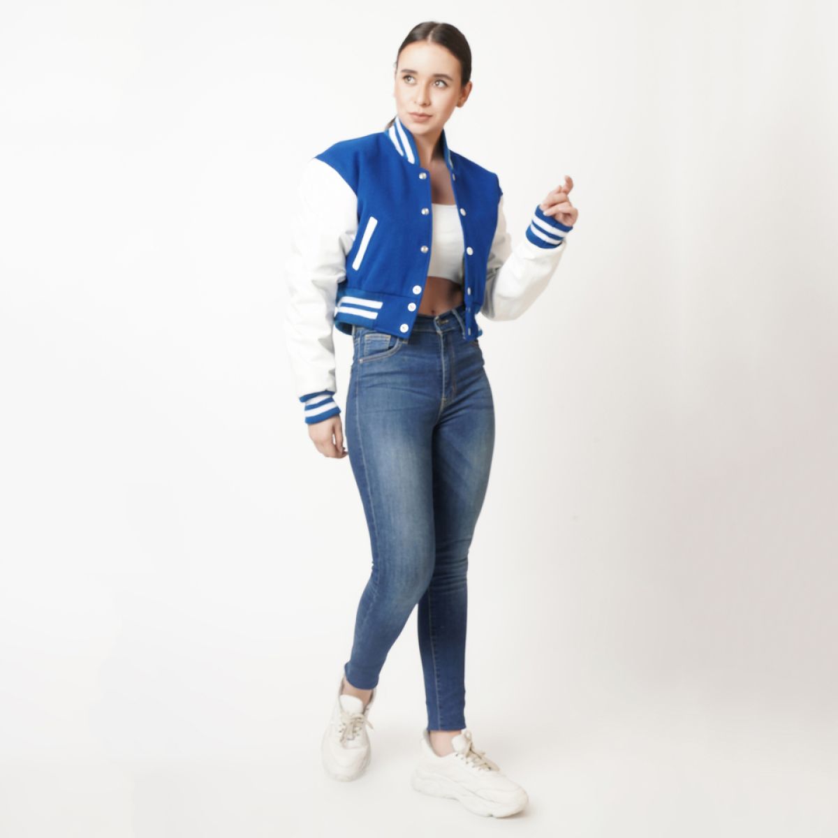 Vibrant Blue and White Cropped Varsity Jacket