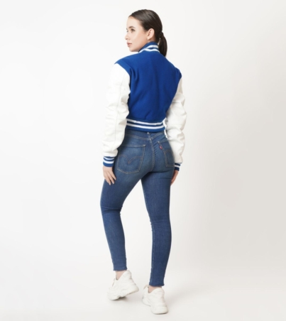 Vibrant Blue and White Cropped Varsity Jacket