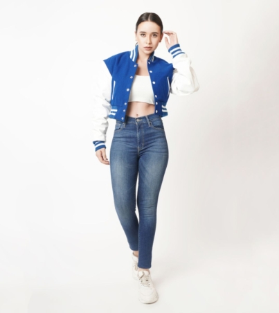 Vibrant Blue and White Cropped Varsity Jacket