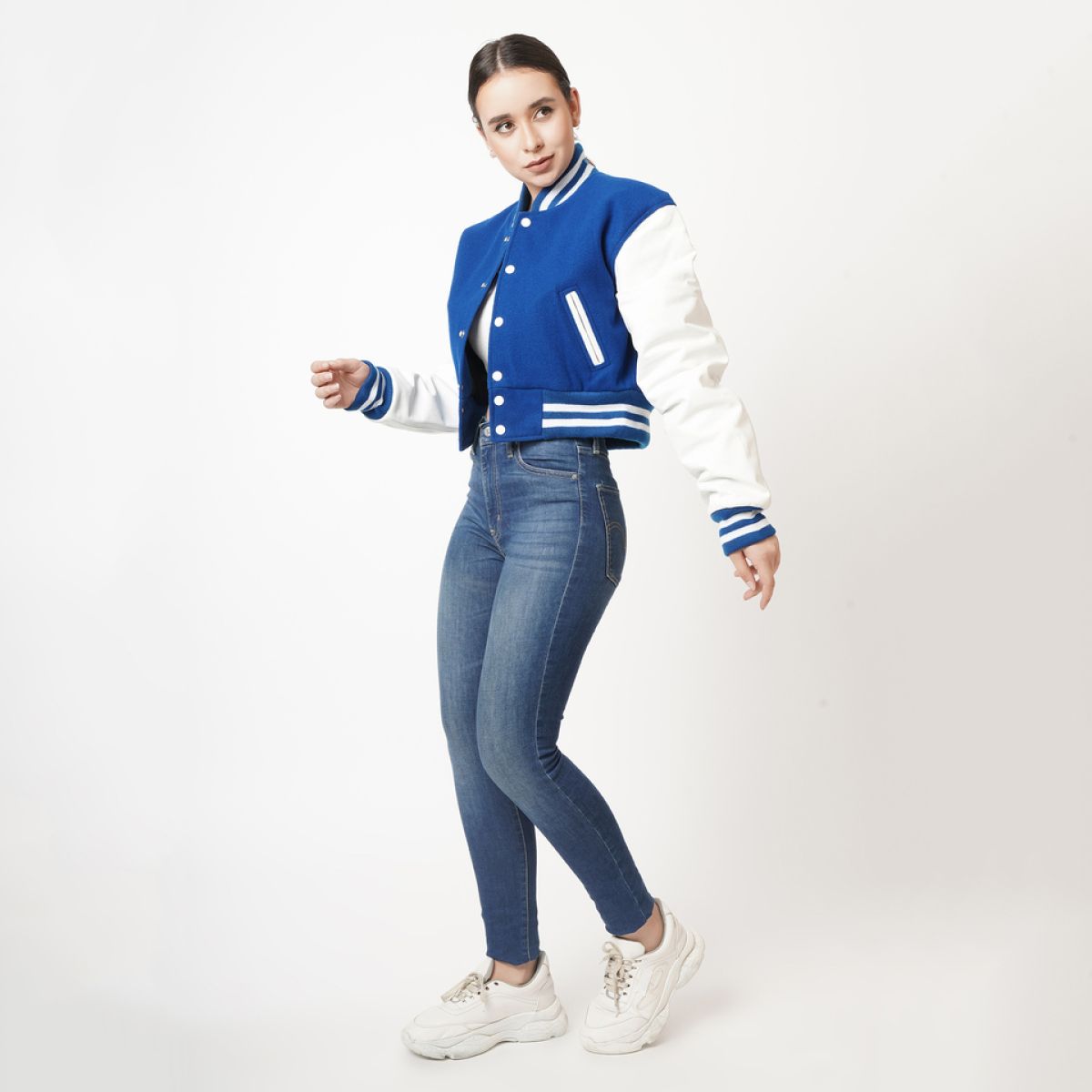 Vibrant Blue and White Cropped Varsity Jacket