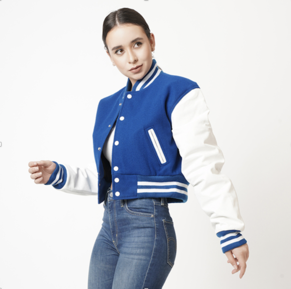 Vibrant Blue and White Cropped Varsity Jacket