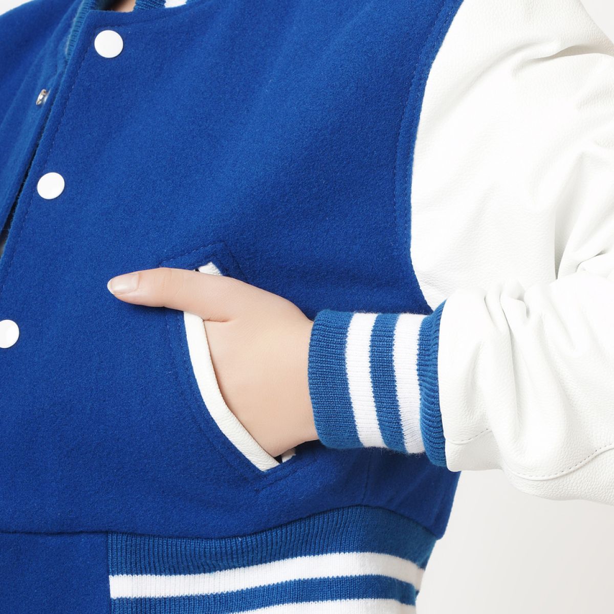 Vibrant Blue and White Cropped Varsity Jacket