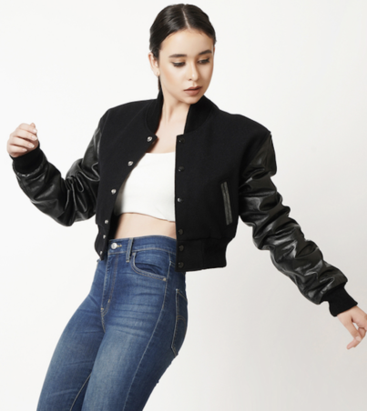 Women's Black Wool and Black Leather Letterman Crop Top Jacket