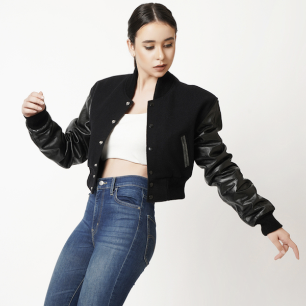 Women's Black Wool and Black Leather Letterman Crop Top Jacket