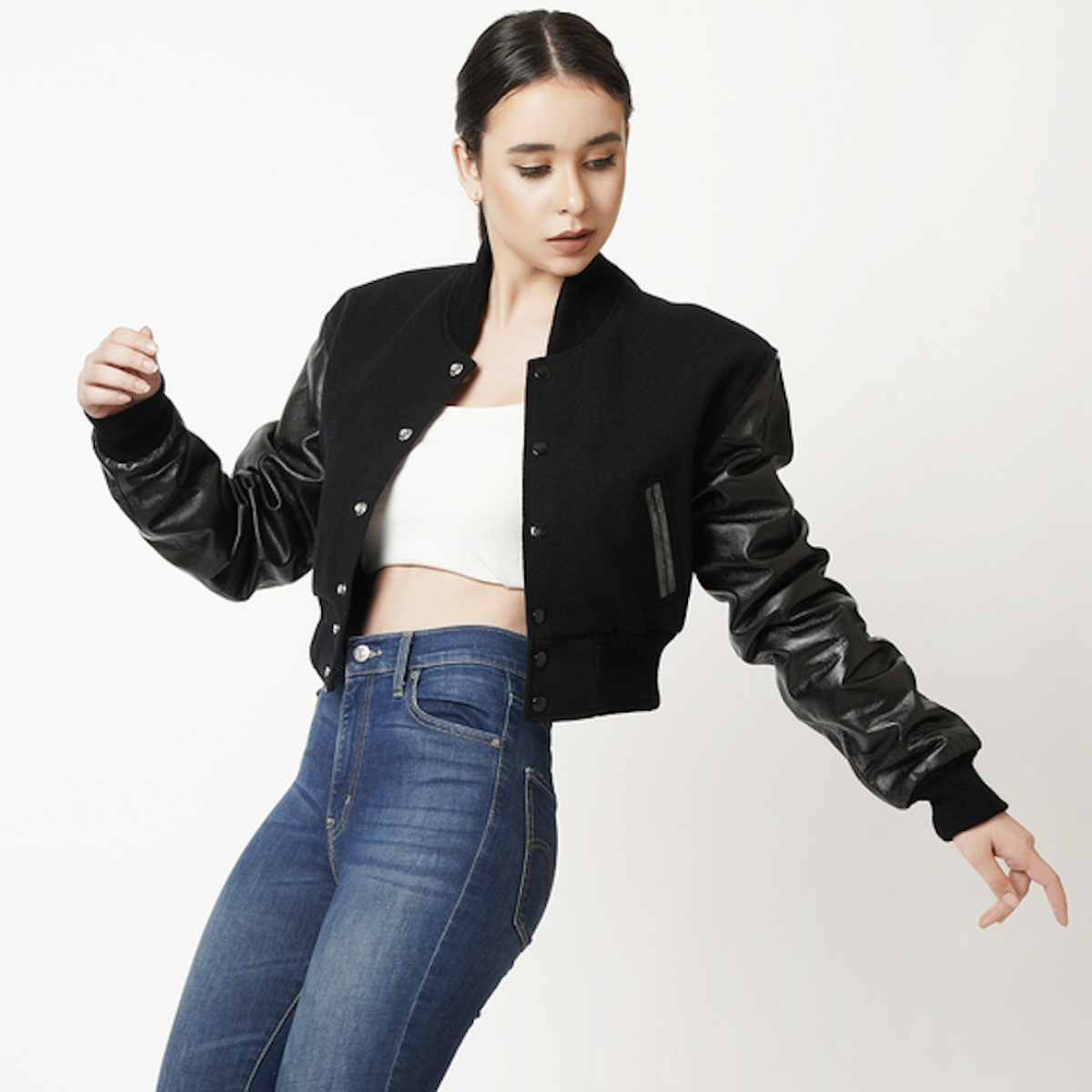 Women's Black Wool and Black Leather Letterman Crop Top Jacket