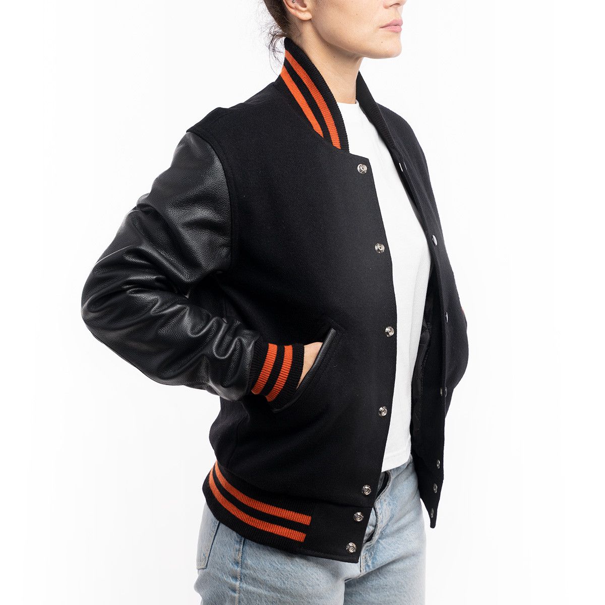 Stylish Ladies' Varsity Jacket in Black with Orange Stripes