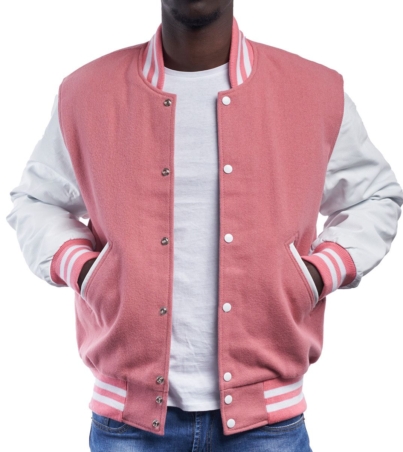 men's Varsity Jacket Pink Wool Sleeves White Leather