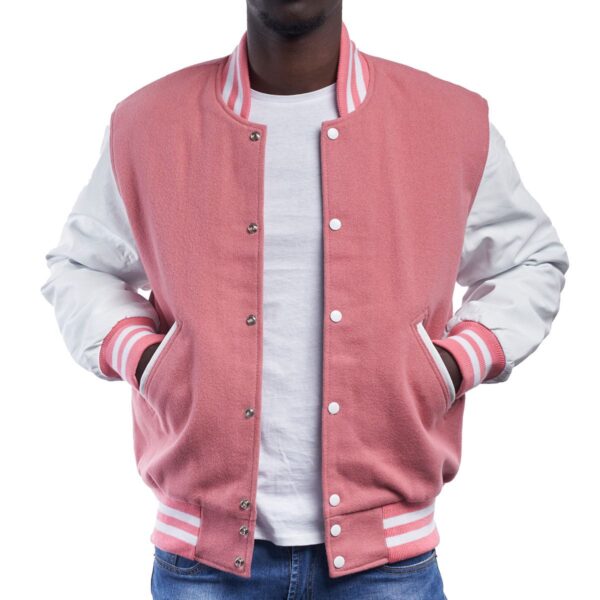 men's Varsity Jacket Pink Wool Sleeves White Leather