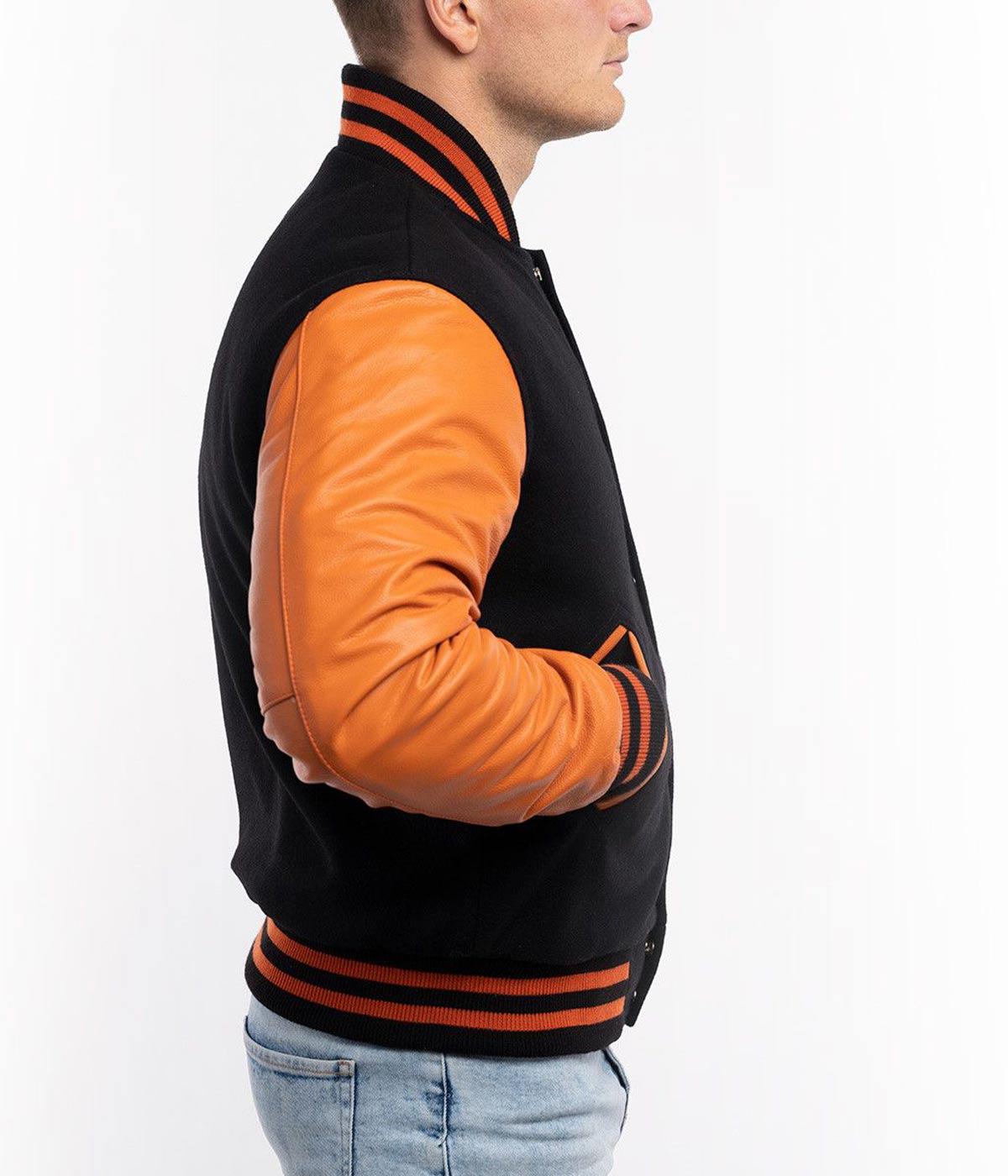 men's Black Wool Body Varsity Jacker with Orange Sleeve